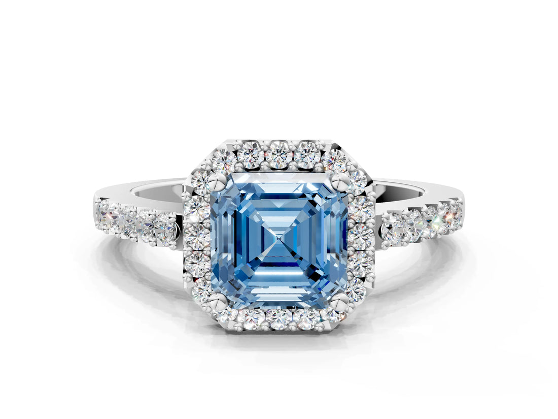 White gold Fancy Blue Asscher  Halo Diamond Pavé Solitaire Ring_69