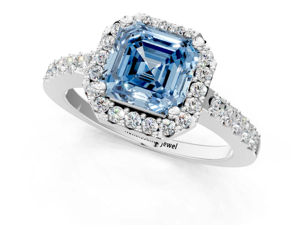 Platinum Fancy Blue Asscher  Halo Diamond Pavé Solitaire Ring