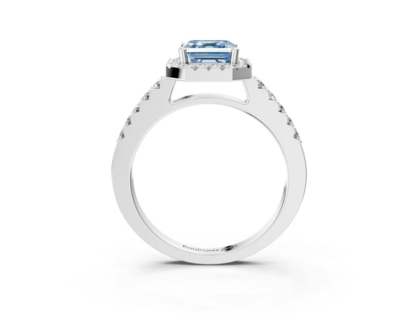Platinum Fancy Blue Asscher  Halo Diamond Pavé Solitaire Ring