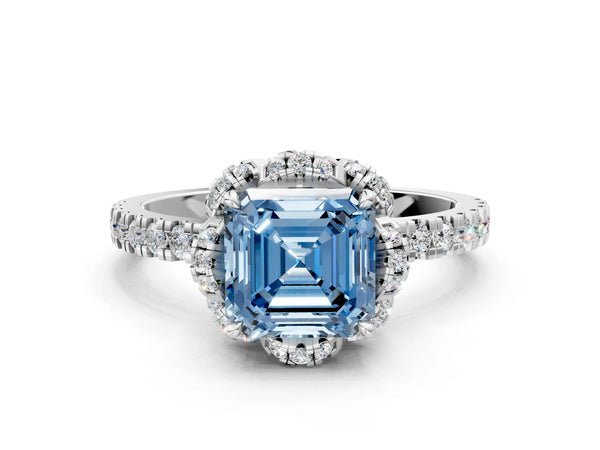 Platinum Asscher Cut Petal Cutout Halo Engagement Ring Setting for Fancy Blue Center