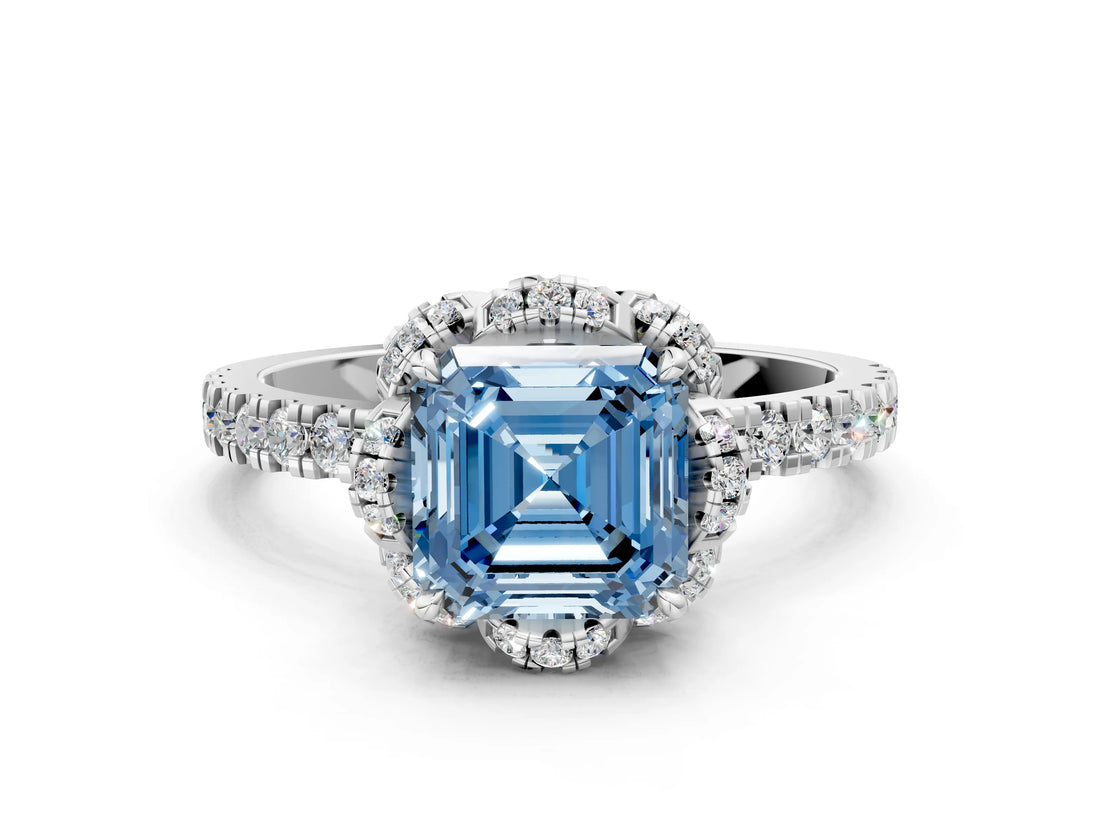 White gold Fancy Blue Asscher  Halo Diamond Pave Band Ring with Four-Prong Setting_15