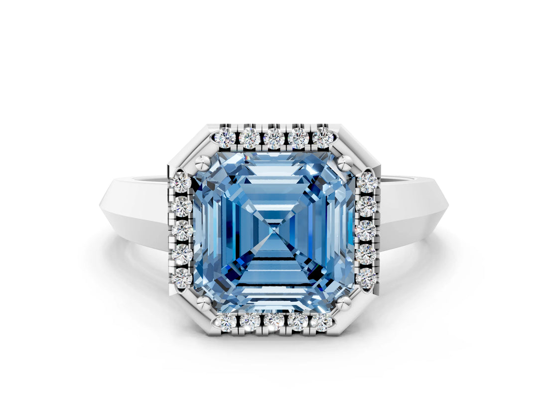 White gold Fancy Blue Asscher  Halo Diamond Ring with Cathedral Band and Four-Prong Setting_47