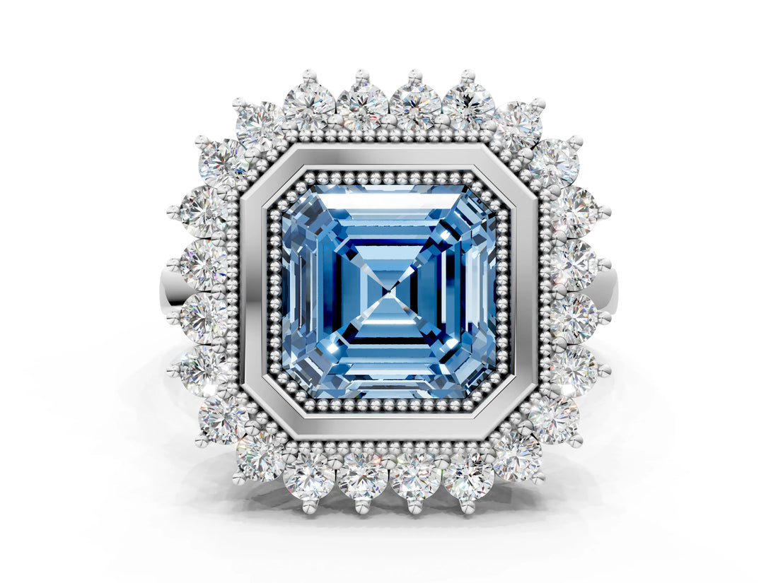 White gold Fancy Blue Asscher  Halo Diamond Ring with Milgrain Edge and Round Prong Setting_89