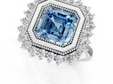 White gold Fancy Blue Asscher  Halo Diamond Ring with Milgrain Edge and Round Prong Setting_90