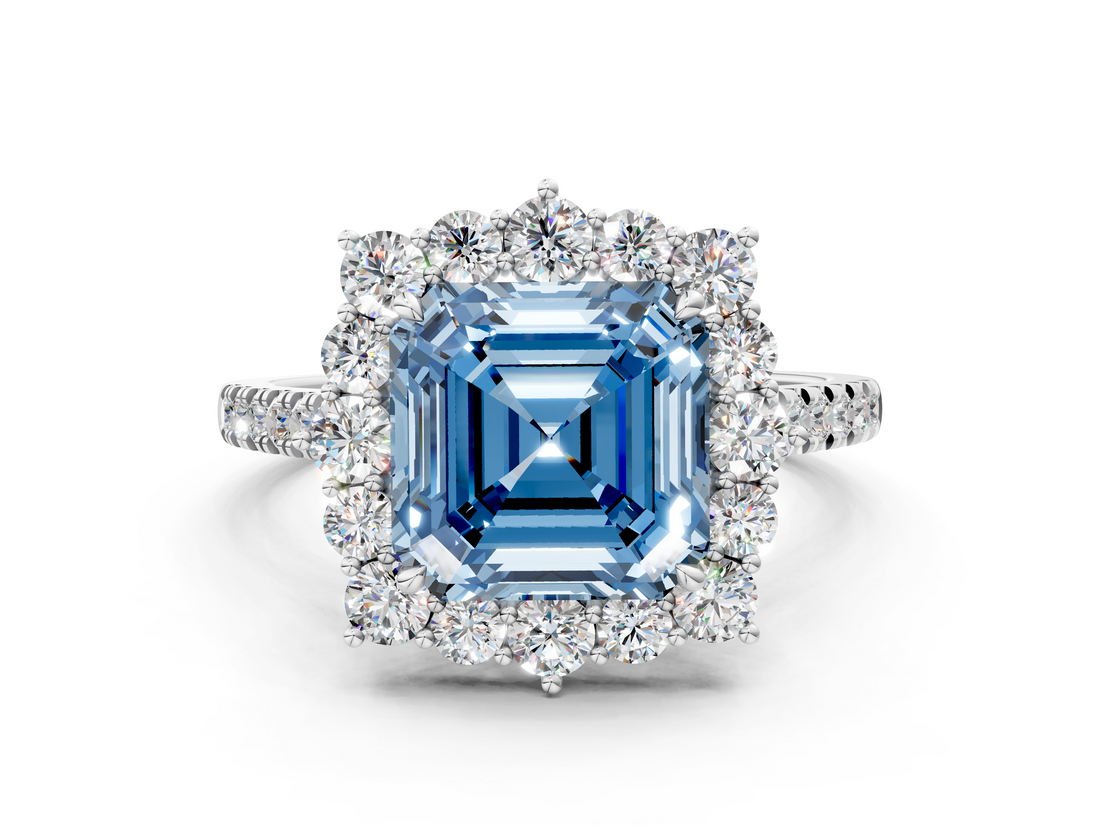 White gold Fancy Blue Asscher  Halo Diamond Ring with Pavé Band and Prong Setting_17