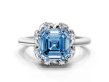 White gold Fancy Blue Asscher  Halo Diamond Ring with Round Cluster Setting, Solitaire Band, and Four-Prong Setting_29