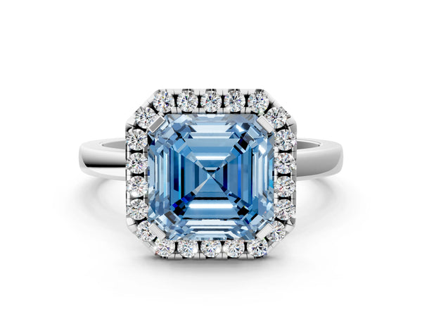 White gold Fancy Blue Asscher  Halo Diamond Solitaire with Pavé Band and Four-Prong Setting