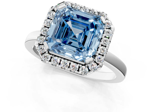White gold Fancy Blue Asscher  Halo Diamond Solitaire with Pavé Band and Four-Prong Setting