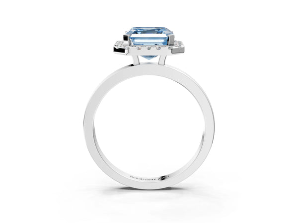 White gold Fancy Blue Asscher  Halo Diamond Solitaire with Pavé Band and Four-Prong Setting