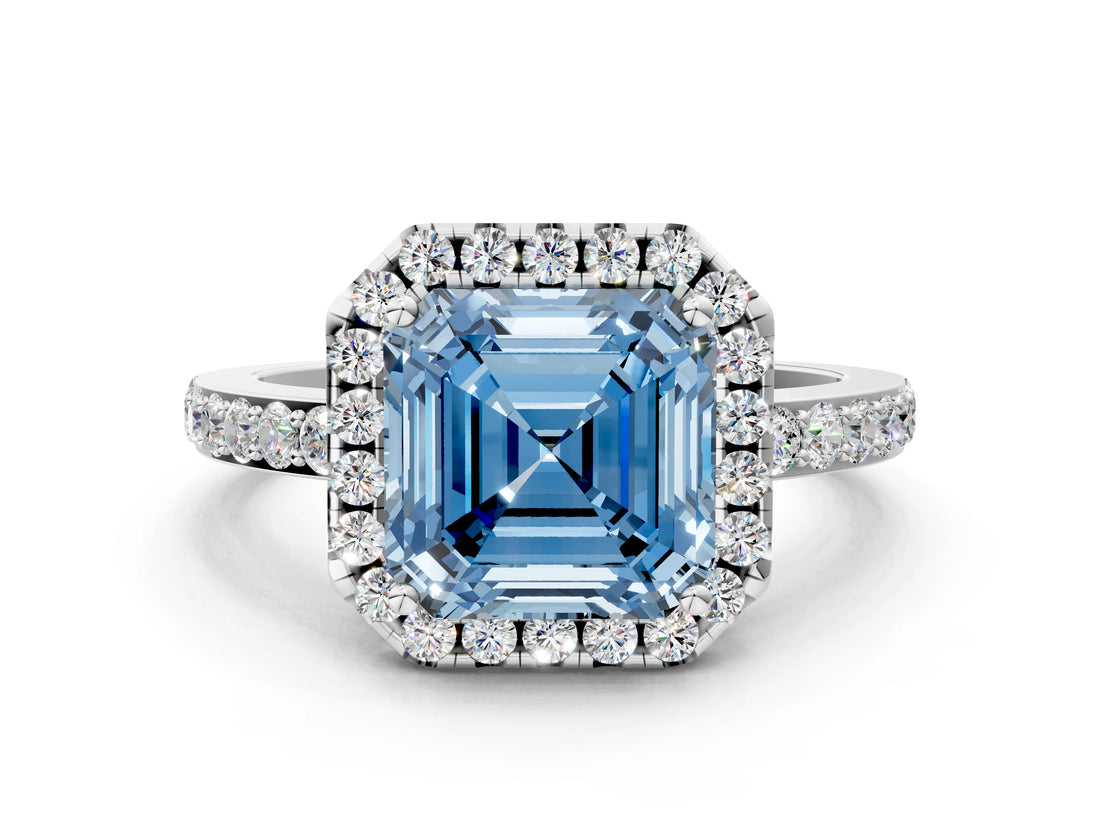 White gold Fancy Blue Asscher  Halo Diamond Solitaire with Pavé Band and Four-Prong Setting_86
