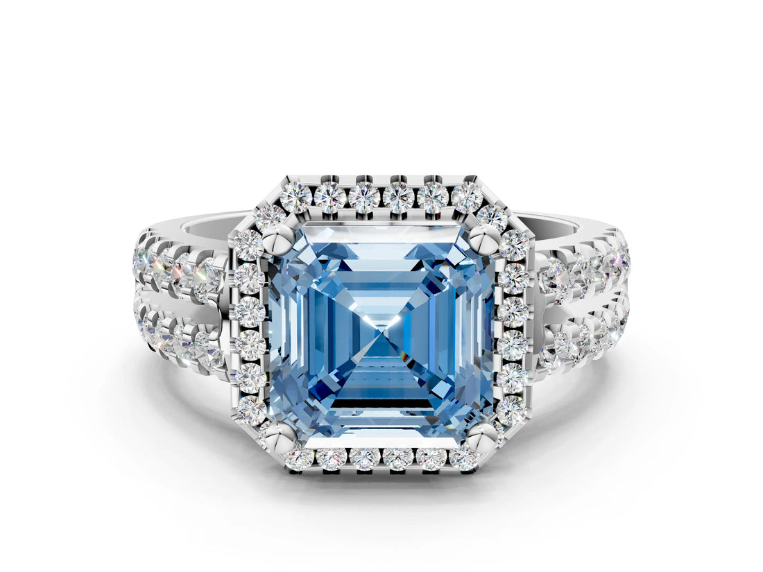 White gold Fancy Blue Asscher  Halo Diamond Split Shank Engagement Ring with Prong Setting_105