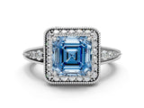 White gold Fancy Blue Asscher  Halo Diamond Split Shank Ring with Milgrain Detail_28
