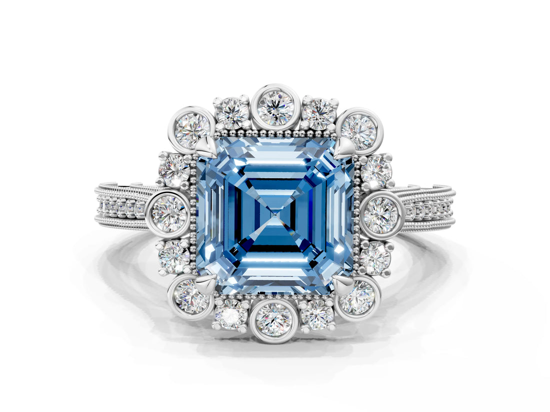 White gold Fancy Blue Asscher  Halo Milgrain Pave Diamond Ring with Four-Prong Setting 1
