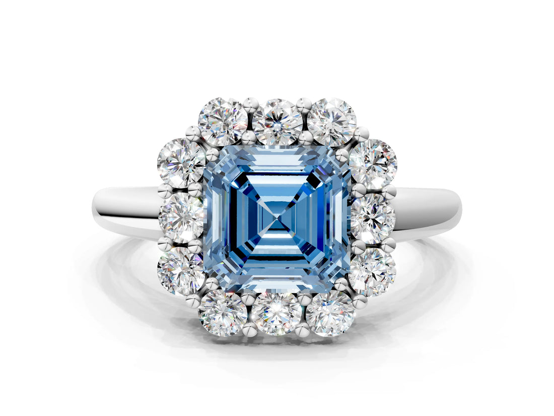 White gold Fancy Blue Asscher  Halo Milgrain Solitaire with Bezel Set Side Stones and Pave Band_32