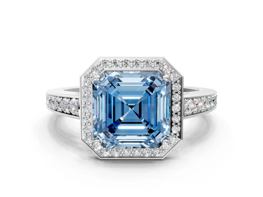 White gold Fancy Blue Asscher  Halo Pavé Diamond Engagement Ring with Bezel Setting_29