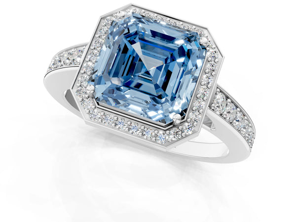 White gold Fancy Blue Asscher  Halo Pavé Diamond Engagement Ring with Bezel Setting