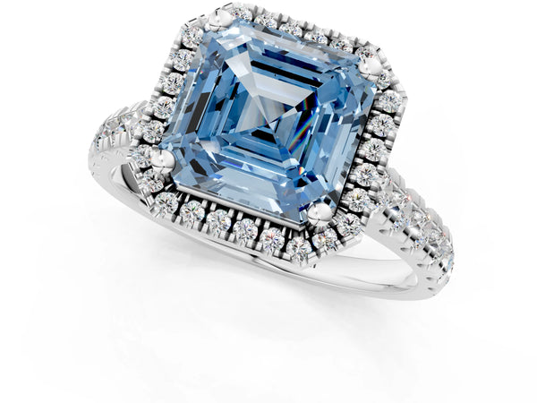 White gold Fancy Blue Asscher  Halo Pavé Diamond Engagement Ring with Four-Prong Setting
