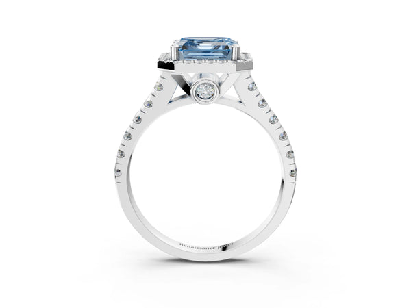 White gold Fancy Blue Asscher  Halo Pavé Diamond Engagement Ring with Four-Prong Setting