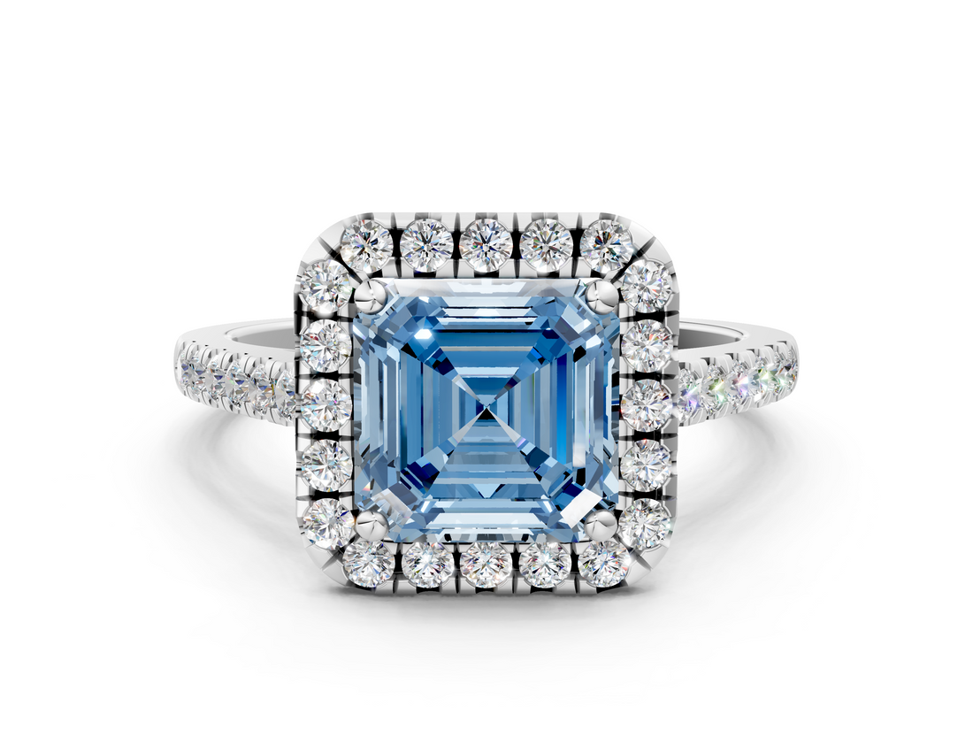 White gold Fancy Blue Asscher  Halo Pavé Diamond Engagement Ring with Four-Prong Setting_3