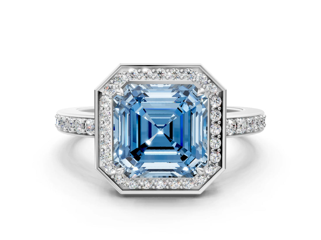 White gold Fancy Blue Asscher  Halo Pave Band Solitaire Ring with Prong Setting_46