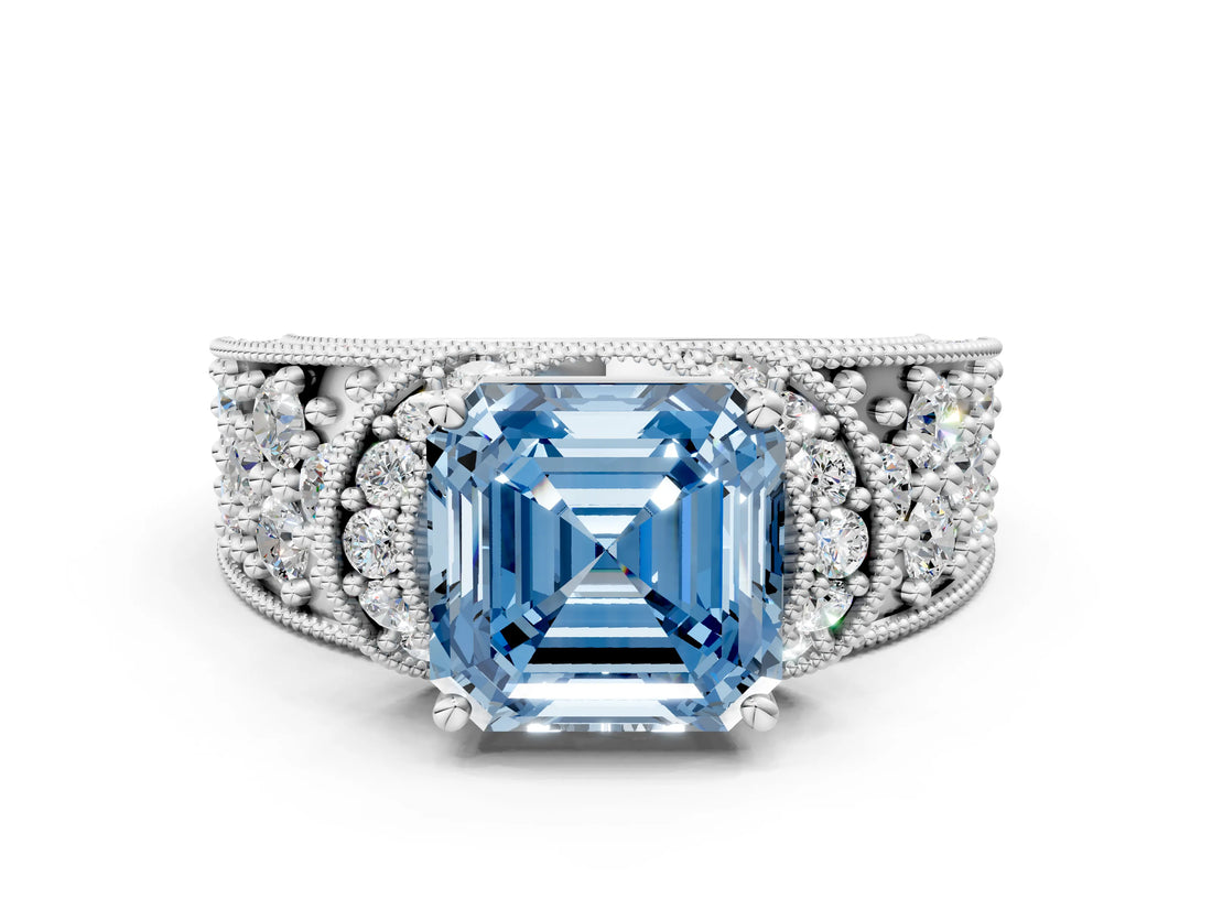White gold Fancy Blue Asscher  Halo Pave Diamond Engagement Ring with Milgrain Detailing_45