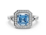 White gold Fancy Blue Asscher  Halo Round Diamond Milgrain Pave Engagement Ring_3