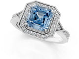 White gold Fancy Blue Asscher  Halo Round Diamond Milgrain Pave Engagement Ring_4