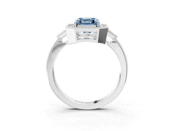 White gold Fancy Blue Asscher  Halo Round Diamond Milgrain Pave Engagement Ring
