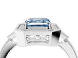 White gold Fancy Blue Asscher  Halo Round Diamond Milgrain Pave Engagement Ring_7