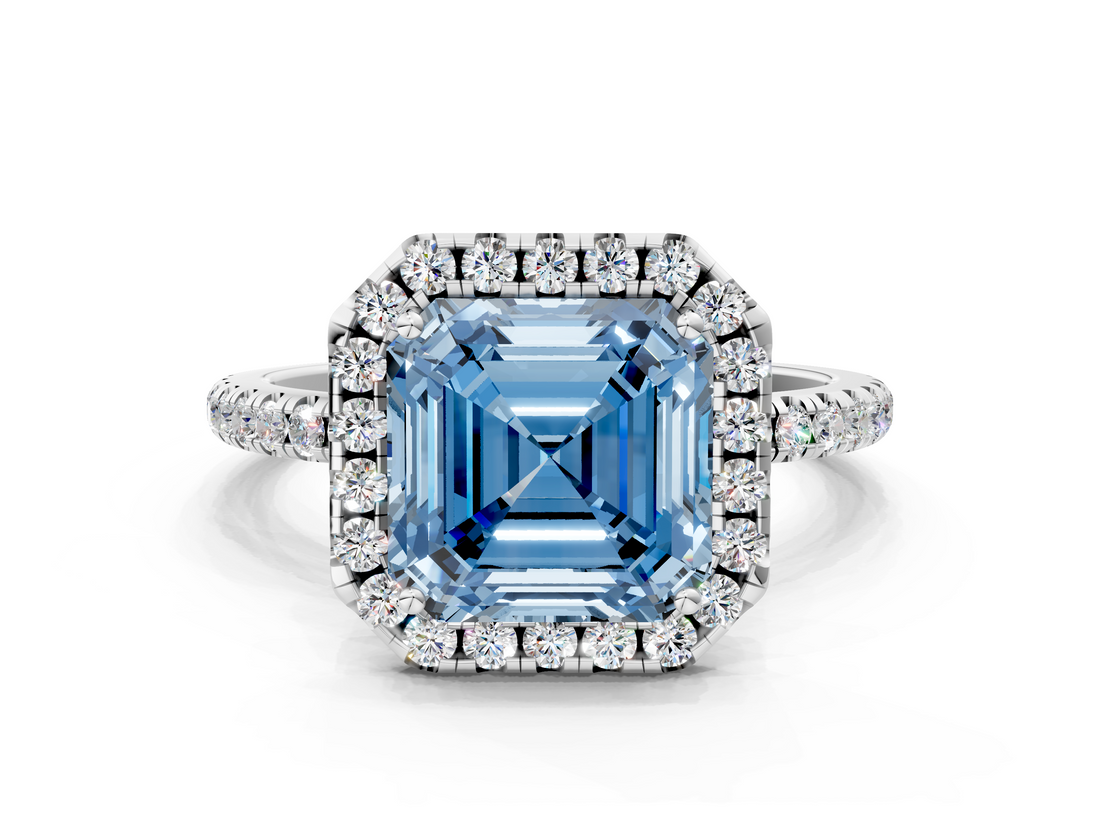White gold Fancy Blue Asscher  Halo Round Diamond Pavé Band Four-Prong Ring_3