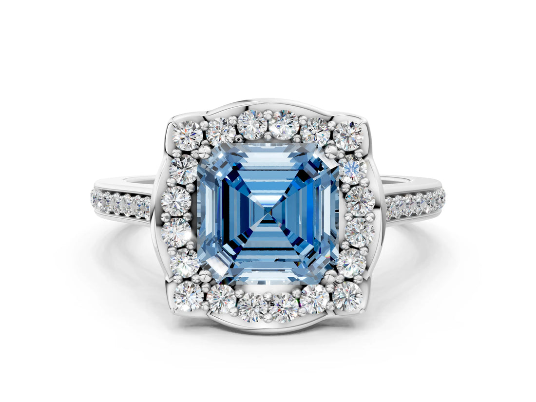 White gold Fancy Blue Asscher  Halo Round Diamond Pave Band with Four-Prong Setting_81