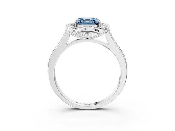 Platinum Asscher Cut Petal-Tip Halo Pave Engagement Ring Setting for Fancy Blue Center