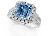 White gold Fancy Blue Asscher  Halo Round Diamond Pave Band with Prong Setting 1