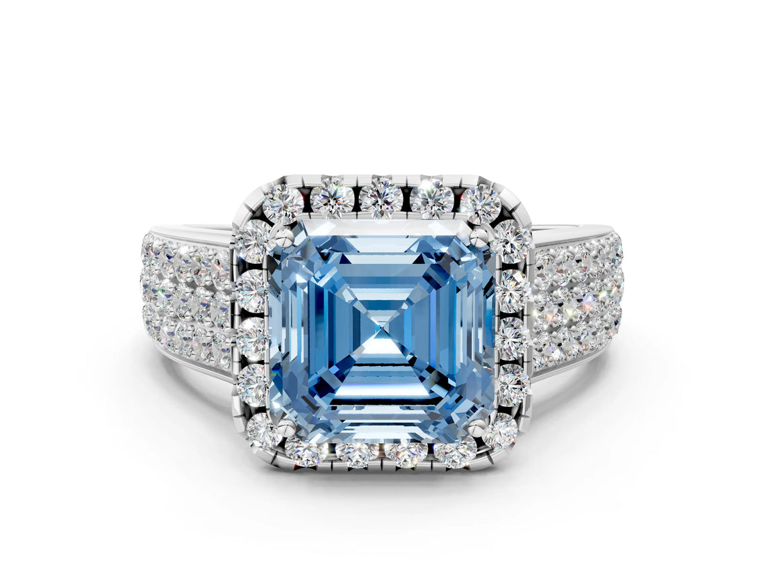 White gold Fancy Blue Asscher  Halo Round Diamond Pave Band with Prong Setting_24