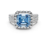 White gold Fancy Blue Asscher  Halo Round Diamond Pave Band with Prong Setting_24