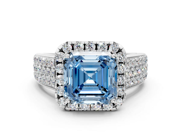 Platinum Fancy Blue Asscher  Halo Round Diamond Pave Band with Prong Setting