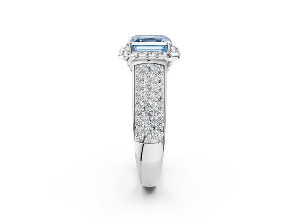 Platinum Fancy Blue Asscher  Halo Round Diamond Pave Band with Prong Setting