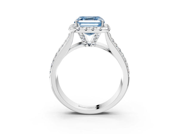 Platinum Fancy Blue Asscher  Halo Round Diamond Pave Band with Prong Setting