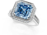 White gold Fancy Blue Asscher  Halo Solitaire Diamond Ring with Pave Band and Bezel Setting_47