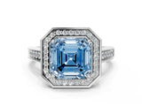 White gold Fancy Blue Asscher  Halo Solitaire Diamond Ring with Pave Band and Bezel Setting_47