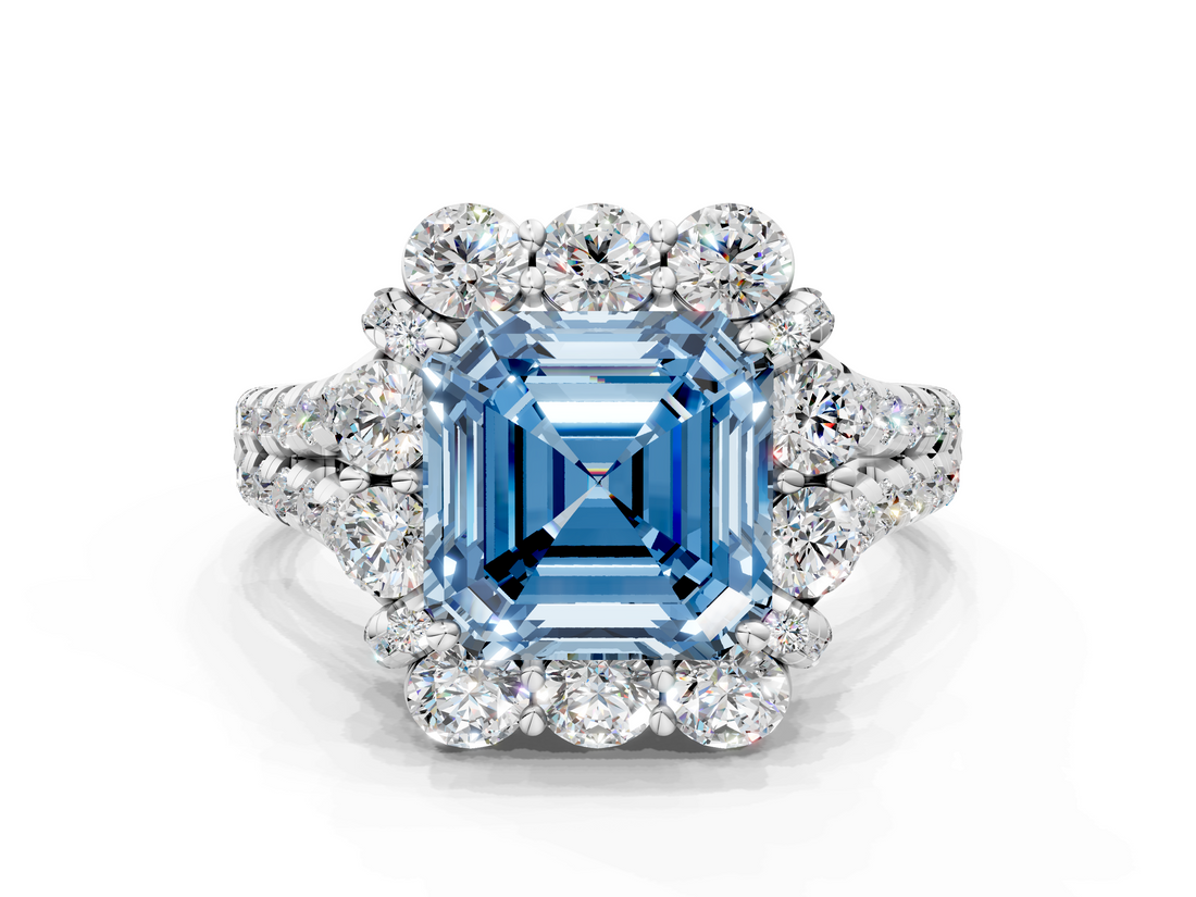 White gold Fancy Blue Asscher  Halo Split Shank Diamond Engagement Ring with Pave Band and Four-Prong Setting_17