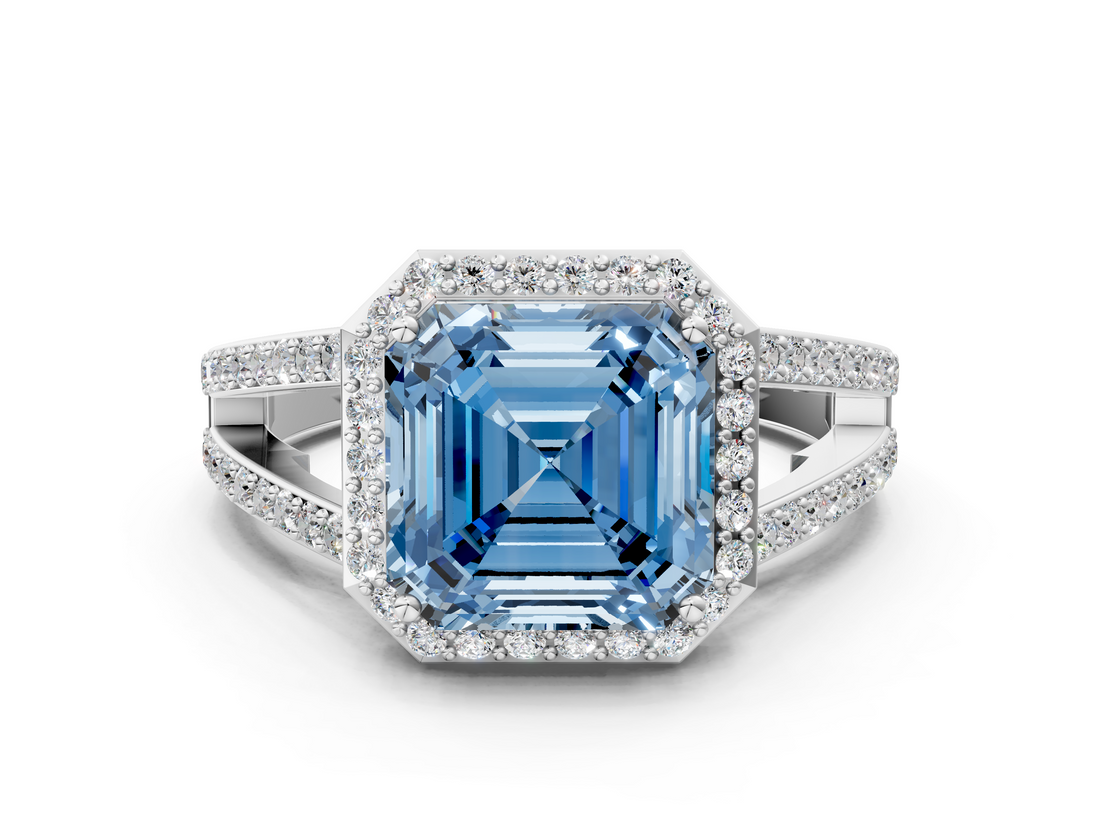 White gold Fancy Blue Asscher  Halo Split Shank Diamond Ring with Four-Prong Setting_18