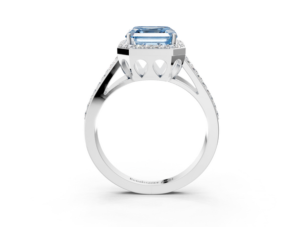 Platinum Fancy Blue Asscher Cut Diamond Halo Ring with Split Shank U-Prong Band and Four-Prong Setting