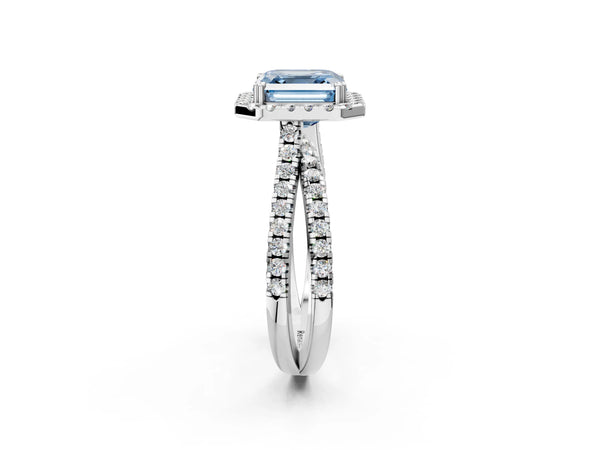 Platinum Fancy Blue Asscher  Halo Split Shank Diamond Ring with Pavé Setting