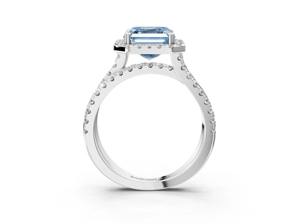 Platinum Fancy Blue Asscher  Halo Split Shank Diamond Ring with Pavé Setting