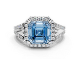 White gold Fancy Blue Asscher  Halo Split Shank Diamond Ring with Prong Setting