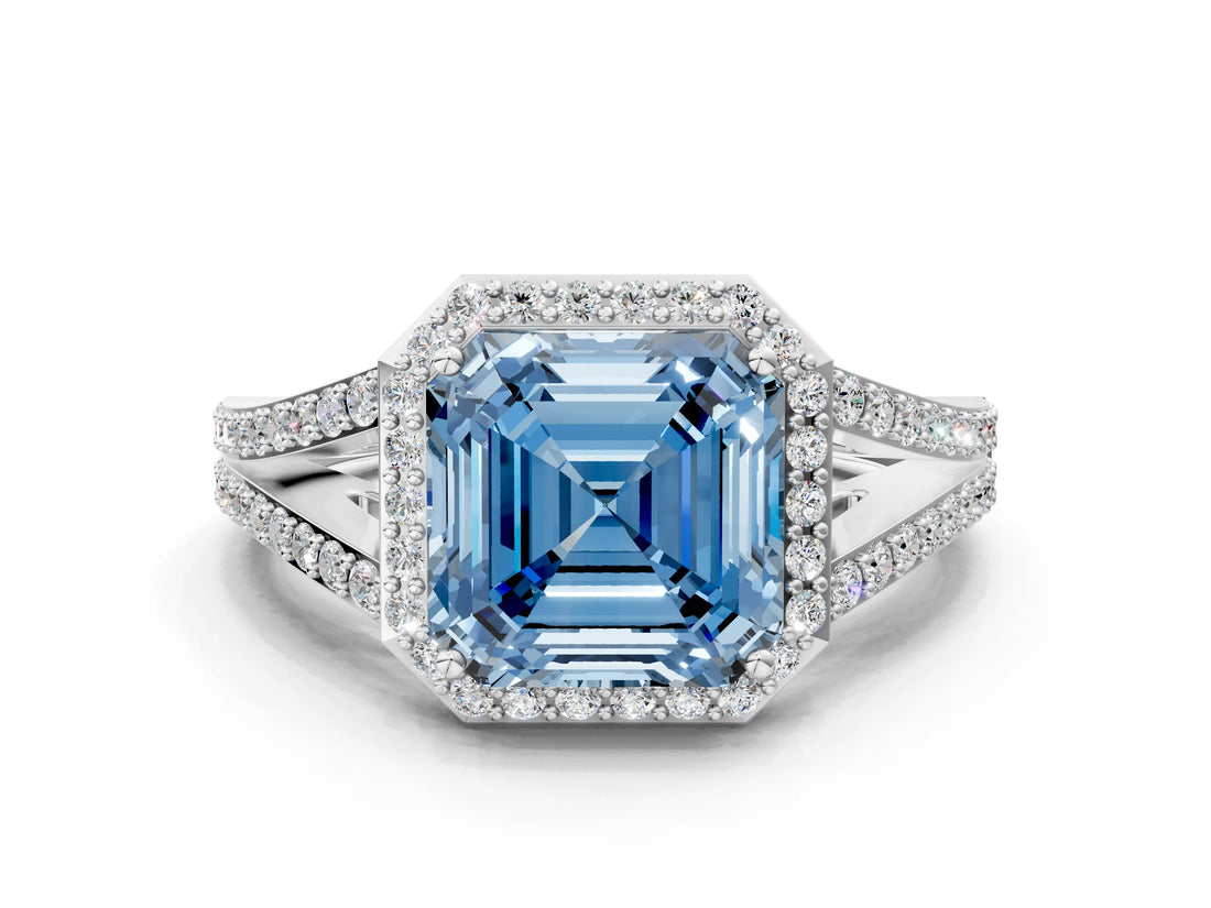 White gold Fancy Blue Asscher  Halo Split Shank Pave Diamond Ring with Four-Prong Setting_44