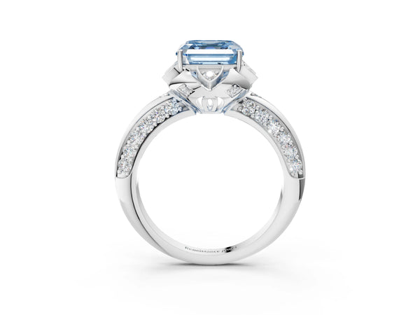 White gold Fancy Blue Asscher  Halo Split Shank Pave Diamond Ring with Petal Prong Setting