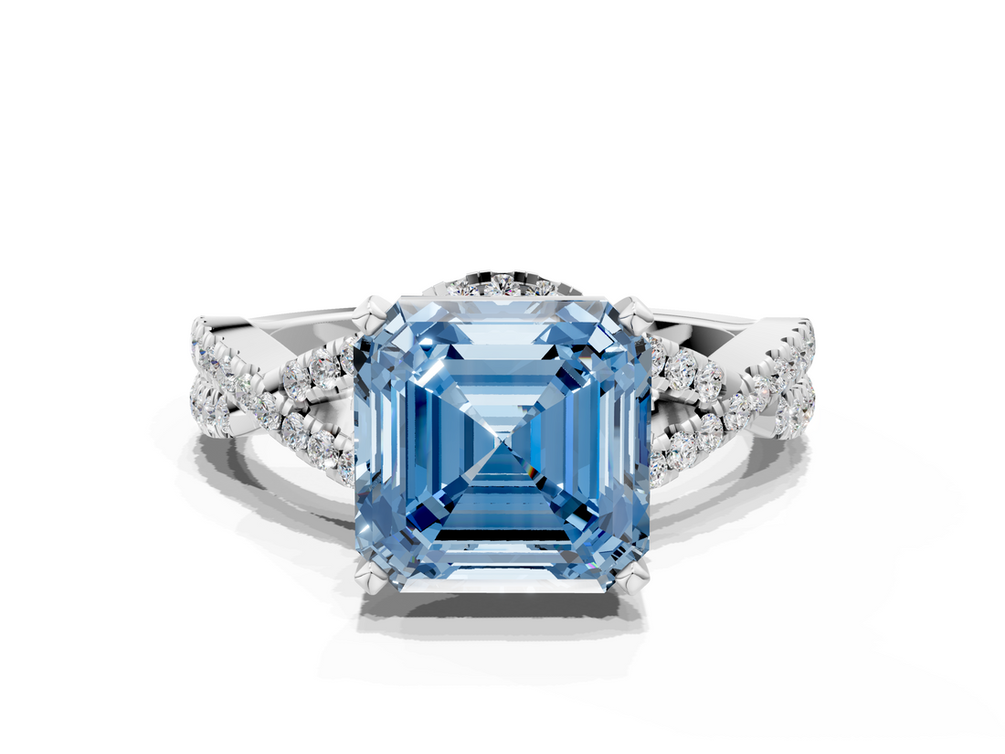 White gold Fancy Blue Asscher  Halo Twist Band Solitaire Prong Setting Ring