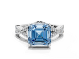 White gold Fancy Blue Asscher  Halo Twist Band Solitaire Prong Setting Ring